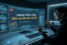 دليل 2026 | إنشاء قناة يوتيوب باستخدام الذكاء الاصطناعي بالكامل (خطوة بخطوة) 50 رجل يرتدي نظارة واقع معزز ويتفاعل مع شاشة مستقبلية تعرض واجهة ' إنشاء قناة يوتيوب باستخدام الذكاء الاصطناعي بالكامل ' وشعار 'الذكاء ببساطة' على المكتب.